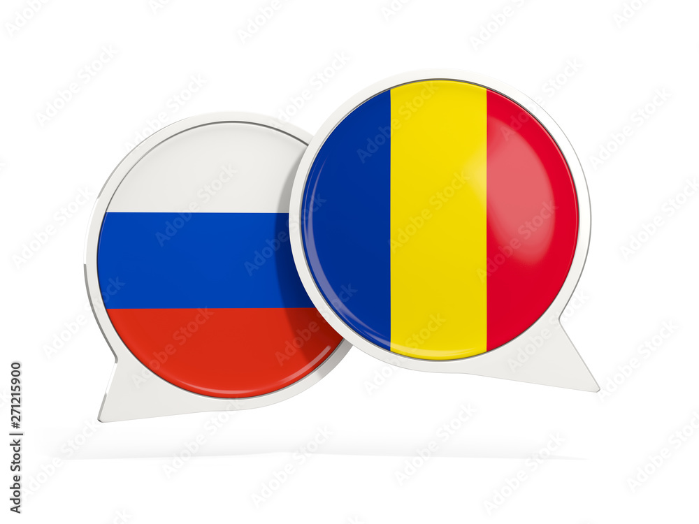 Fototapeta premium Flags of Russia and romania inside chat bubbles