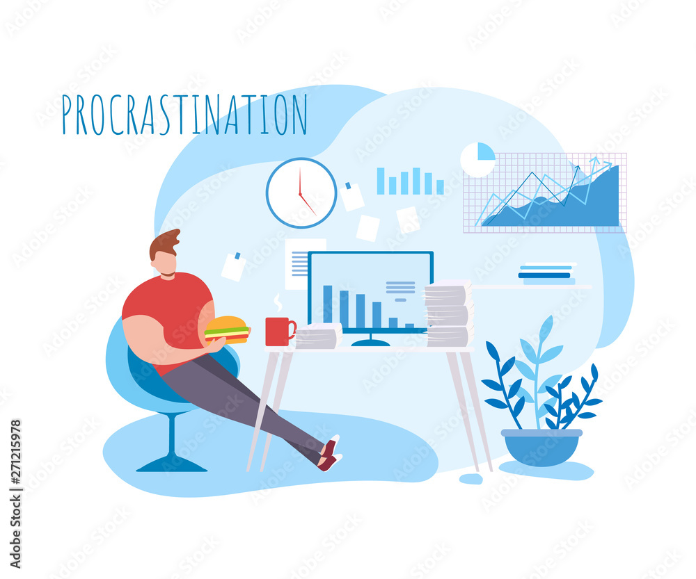 Cartoon Man Procrastination Work Food Coffee Break