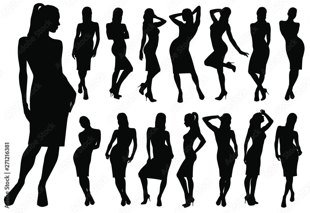Set of black vector silhouettes of women in classic dress standing in different poses. Icons of beautiful girl isolated on white background. Set of black vector silhouettes of women in classic dress standing in different poses. Icons of beautiful girl isolated on white background.