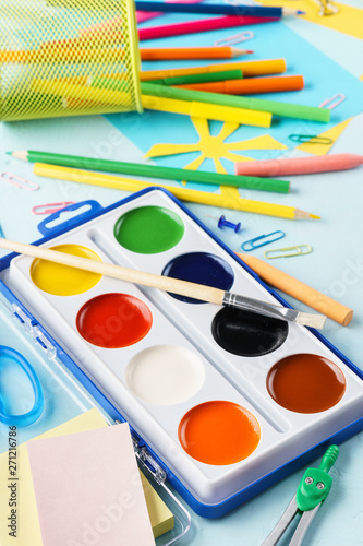 Colorful stationery supplies for school and children creation.