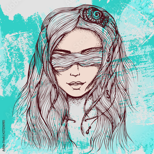 Hand drawn vector illustration. Portrait of a girl with closed hair eyes on a grunge background. Comic style