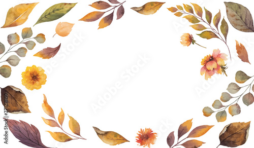 Watercolor vector autumn banner with fallen leaves and flowers isolated on white background.