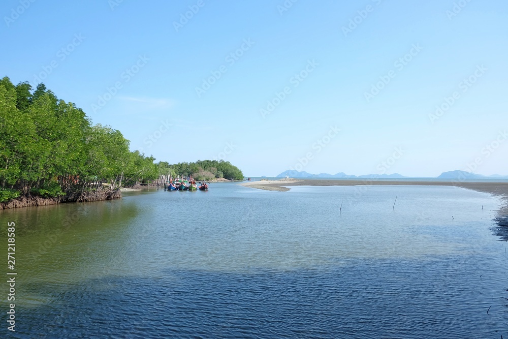 Blue sky in bright day with sea beach and mangrove forest in Chumphon, THAILAND 