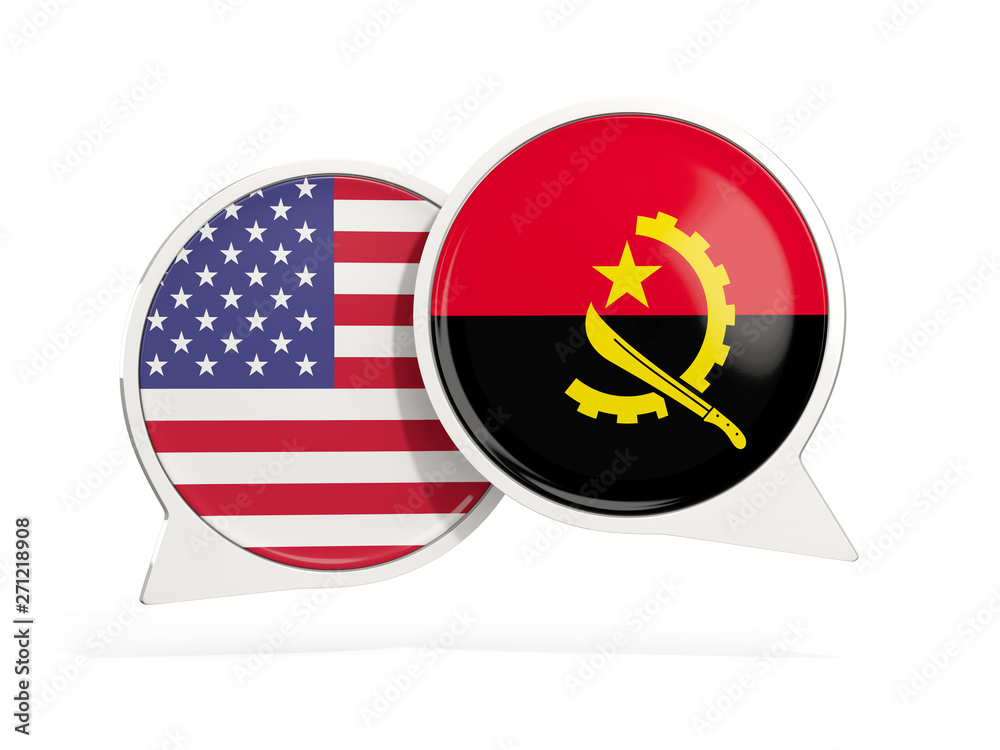 Flags of United States and angola inside chat bubbles Flags of United States and angola inside chat bubbles