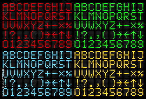 Vector set of airport led panel style letters and numbers in four different colors isolated on black background