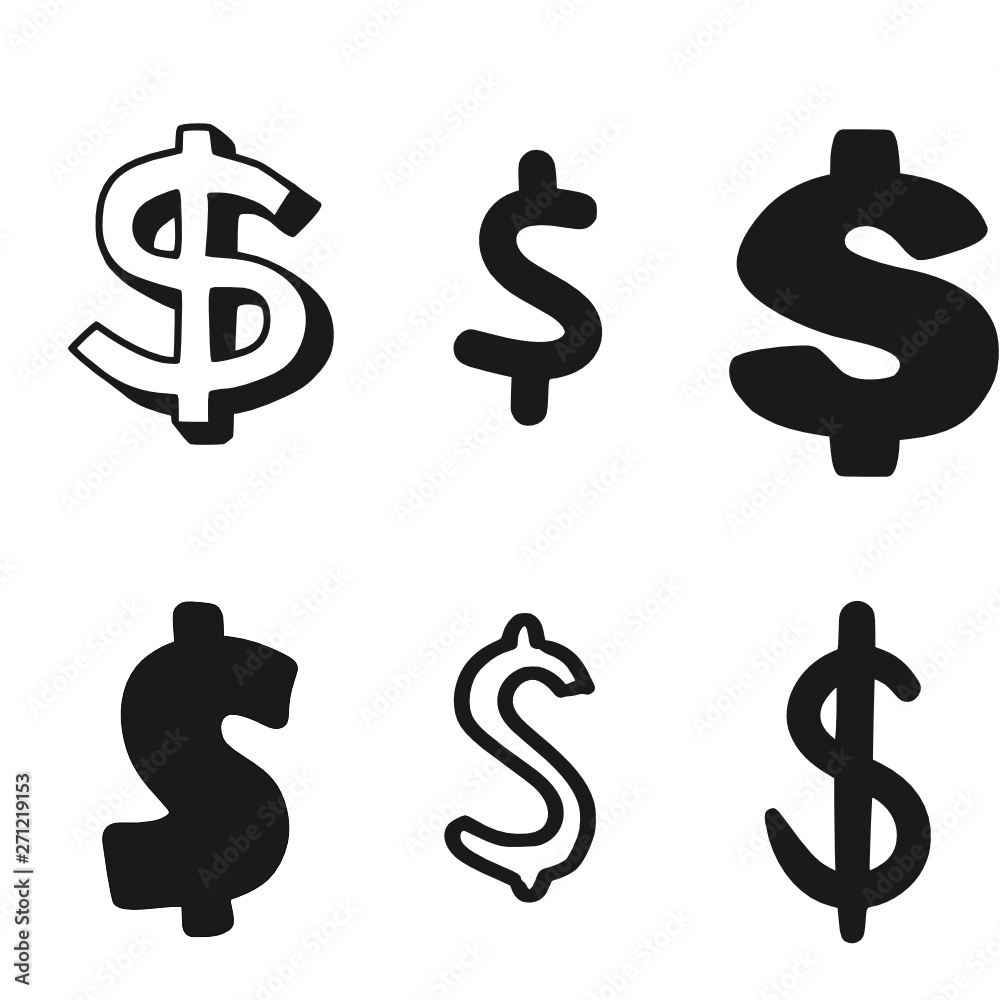 Hand drawn style vector illustration of 6 different dollar signs isolated on white background Hand drawn style vector illustration of 6 different dollar signs isolated on white background