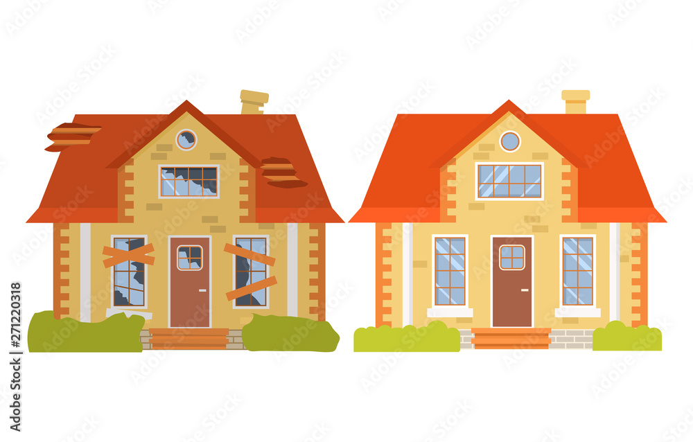 House before and after repair. Old run-down home. Renovation building.Suburban cottage.Isolated vector flat cartoon. House before and after repair. Old run-down home. Renovation building.Suburban cottage.Isolated vector flat cartoon.