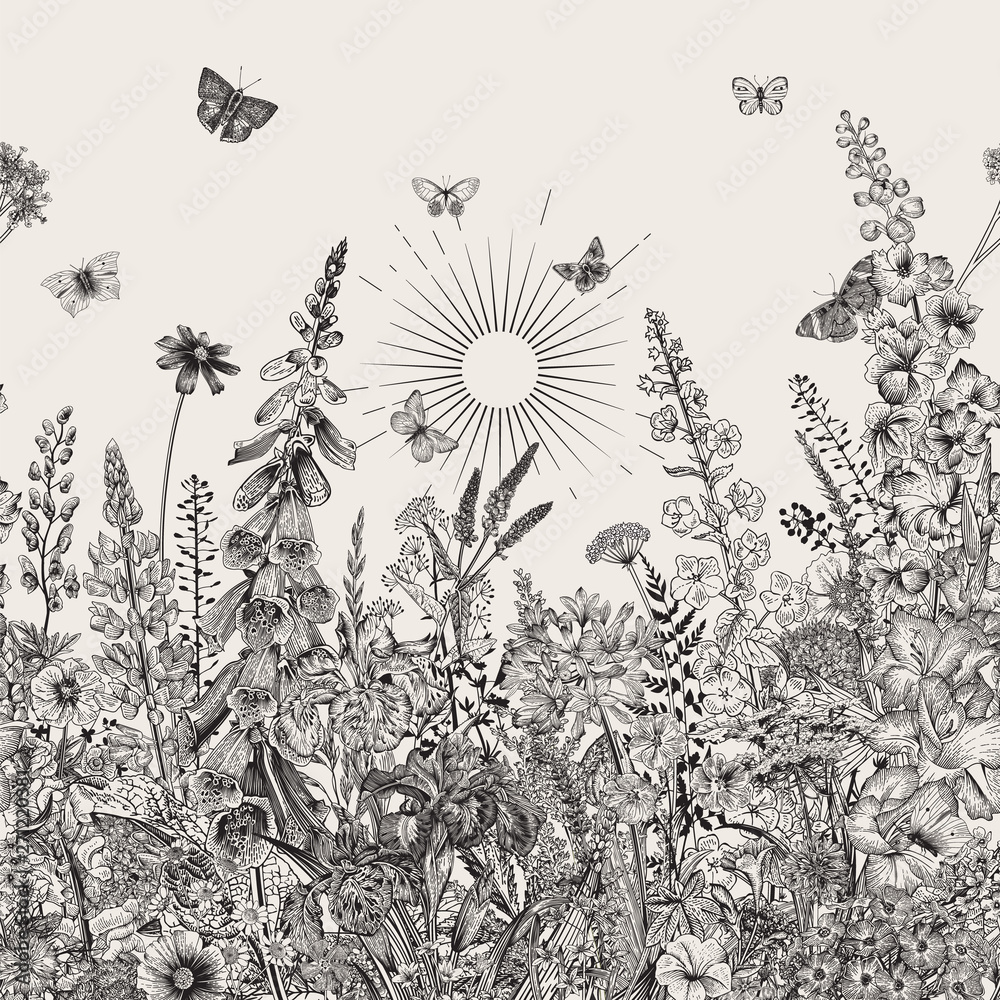 Lovely Garden. Border. Vintage illustration. Spring and summer garden