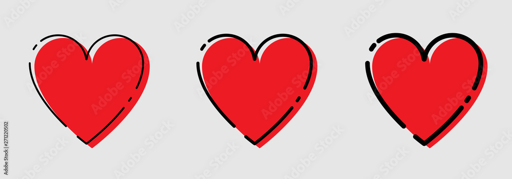Three Heart icons Red and Black Color in trendy flat style. Hearts icons