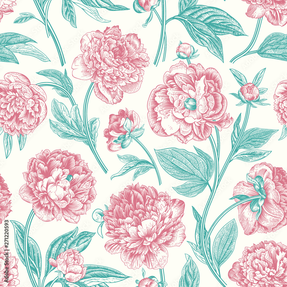 Fototapeta premium Seamless pattern. Classic peonies. Vector botanical illustration.
