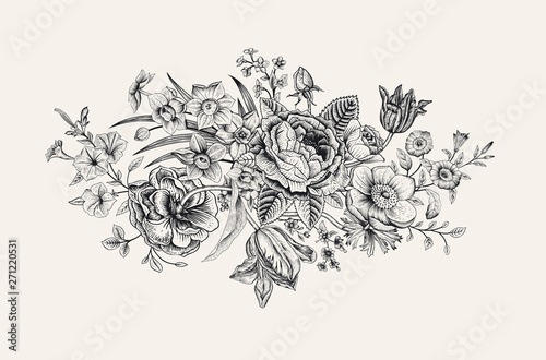 Vintage floral vector card. Victorian bouquet. Classic botanical illustration. Black and white