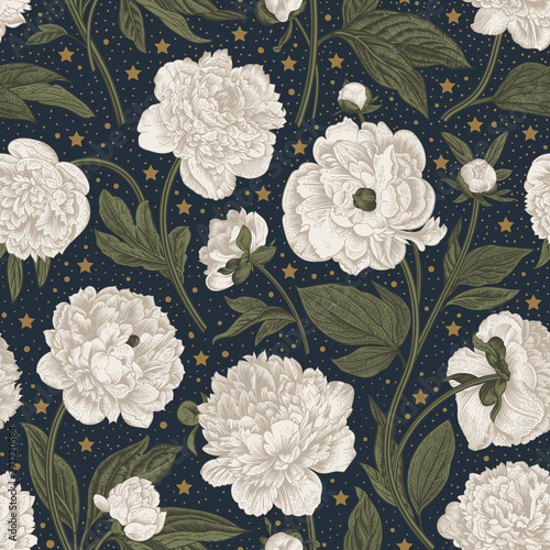 Seamless pattern. Classic peonies. Vector botanical illustration.