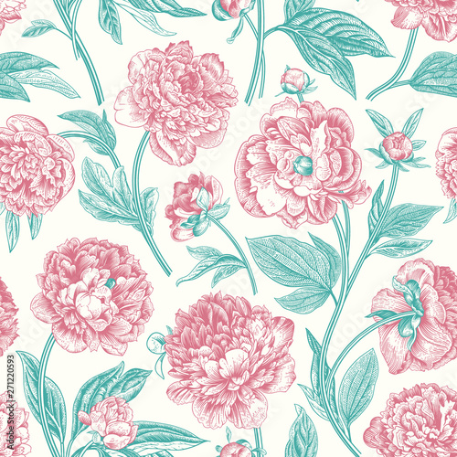 Seamless pattern. Classic peonies. Vector botanical illustration.