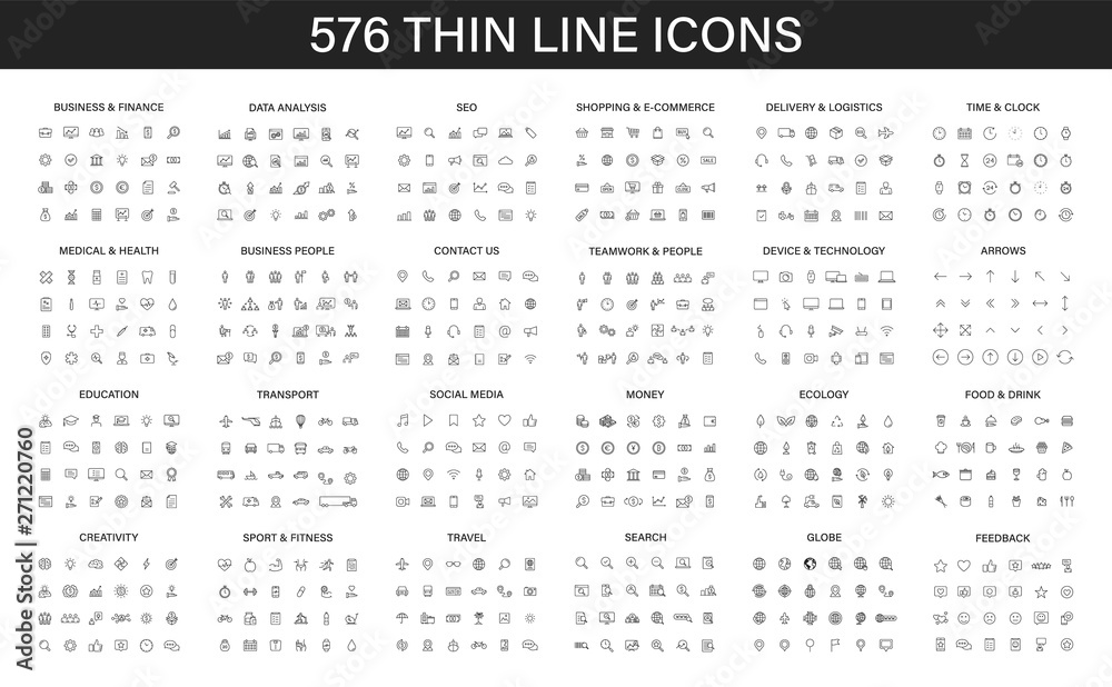 Big vector collection of 576 thin line Web icon. Business, finance, seo, shopping, logistics, medical, health, people, teamwork, contact us, arrows, technology, social media, education, creativity.