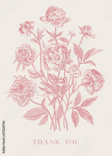 Vintage vector floral illustration. Flower arrangement. Peonies. Greeting card. Thank you