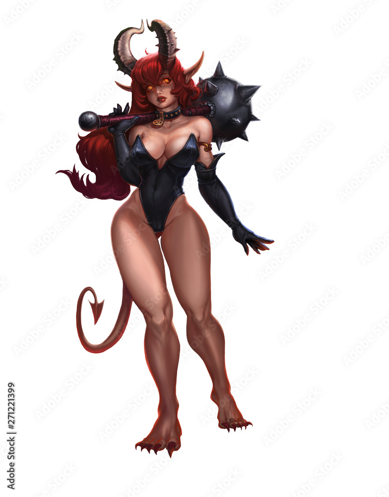 Succubus sexy in saber carnival box and gloves realistic illustration isolated. Demon girl with mace. Redhead girl with weapon. Succubus sexy in saber carnival box and gloves realistic illustration isolated. Demon girl with mace. Redhead girl with weapon.