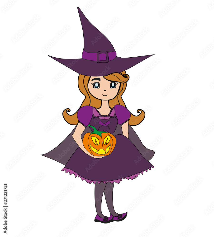 Sweet witch standing with pumpkin