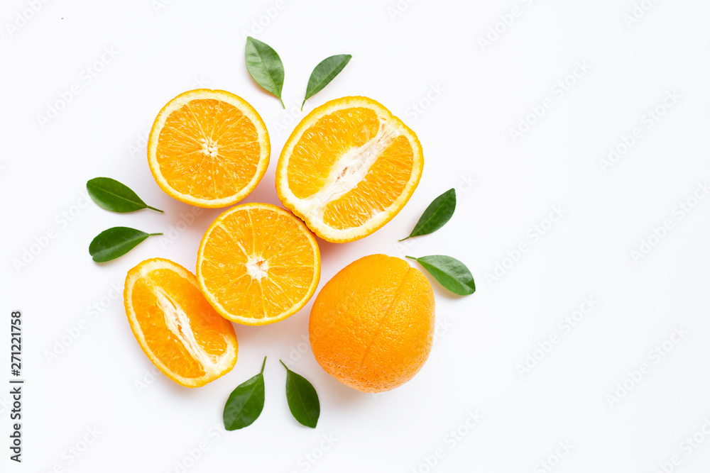 High vitamin C. Fresh orange citrus fruit with leaves isolated on white background. High vitamin C. Fresh orange citrus fruit with leaves isolated on white background.