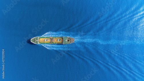 Aerial top view Oil ship tanker transportation oil from refinery on the sea.