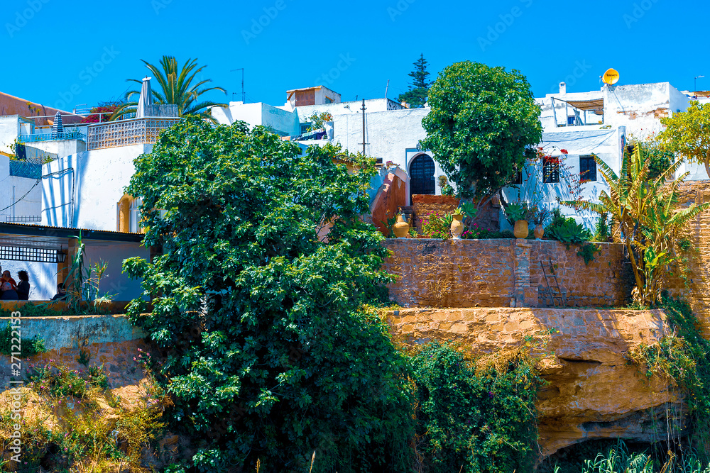 Medieval walls and white houses of Kasbah of the Udayas at the Bou Regreg river on a sunny day. Rabat, Morocco.