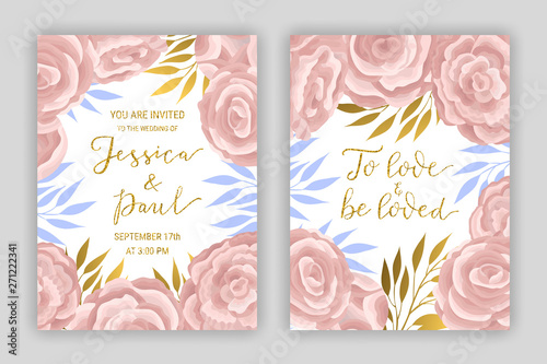 Pastel coloured vintage card template EPS vector set. Elegant eucalyptus. branches, leaves, ranunculus flower background. Floral brochure design. Hand drawn gold glitter phrase To love and be loved