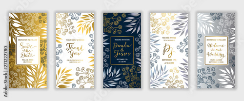 Invitation card template vector set. Elegant branches, leaves, gypsophila flower background. Thank you, Save the date, Welcome to our Wedding lettering phrase inscription. Silver, white, gold decor.