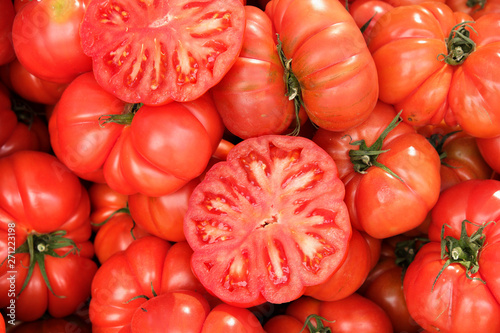 Close up ripe tomatoes at local market in southern Spain