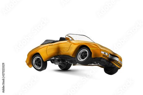 Yellow car accident with damage scene- transport and traffic accident concept- Isolated on white background