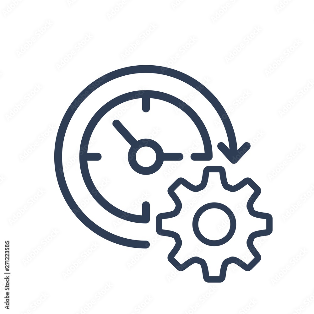 Gear with clock reprocessing sign line icon. Update, cycle, arrow. Processing, renewal concept. Gear with clock reprocessing sign line icon. Update, cycle, arrow. Processing, renewal concept.