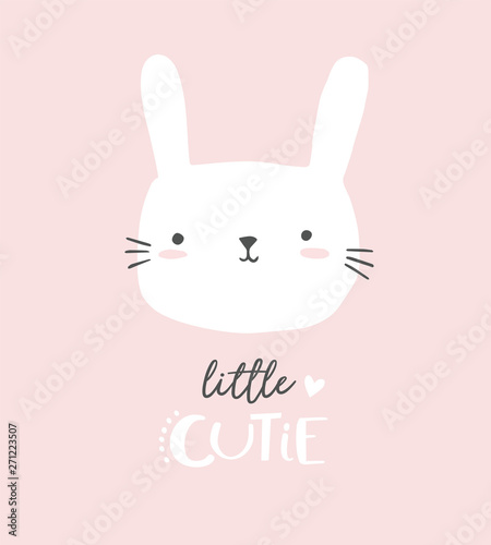 Cute bunny head with little Cutie phrase. Rabbit vector illustration. Girl baby shower. Design for baby, kids poster, nursery wall art, card, invitaton. Easter.