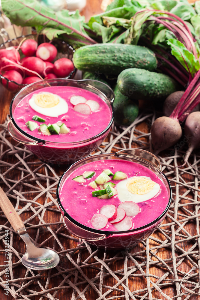Cold beet soup with egg, cucumber and greens