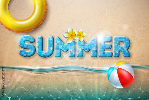 Vector Summer Illustration with Beach Ball and Float on Sandy Ocean Background. Summer Vacation Holiday Design for Banner, Flyer, Invitation, Brochure, Poster or Greeting Card.