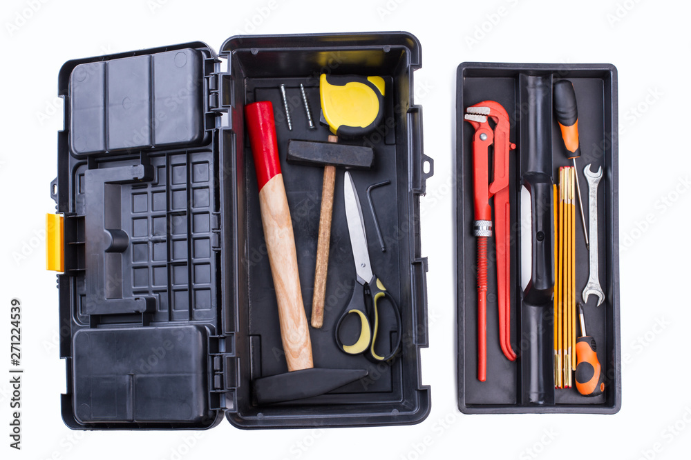 Hand tool kit. Black box with tool set isolated on white background. Hand tool kit. Black box with tool set isolated on white background.