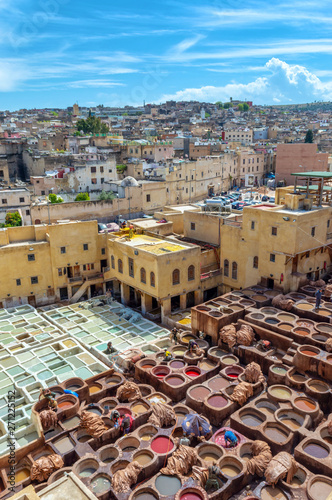 Fotografie Aerial view of leather tanneries, Fez, Morocco