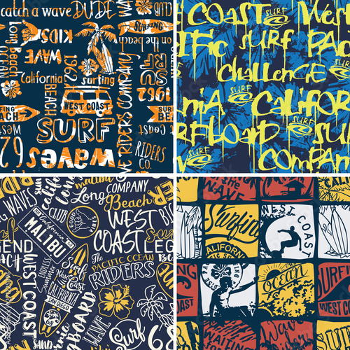 West coast California kid surf company vector seamless pattern collection for children wear shirt or fabric