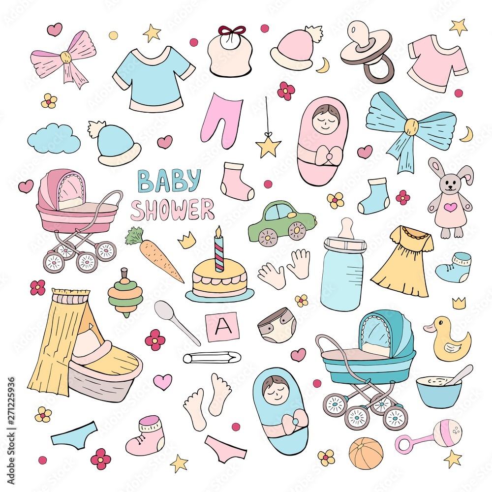 Set of elements for celebrating baby birth, girl and boy on white background. Set of elements for celebrating baby birth, girl and boy on white background.