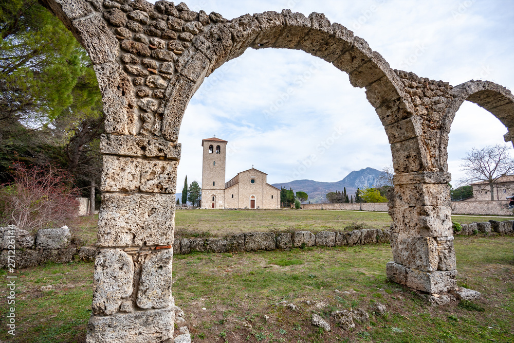 arch of  abbey of San Vincenzo al Volturno, historic Benedictine abbey. Castel San Vincenzo, Rocchetta a Volturno, Isernia,  Volturno Valley, Molise, Italy