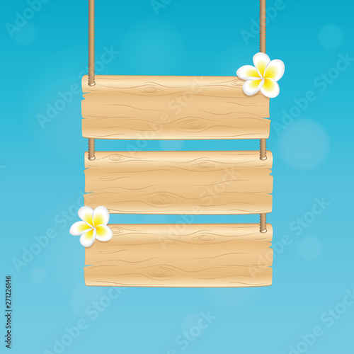 blank hanging wooden sign with frangipani tropical flowers on blue background vector illustration EPS10