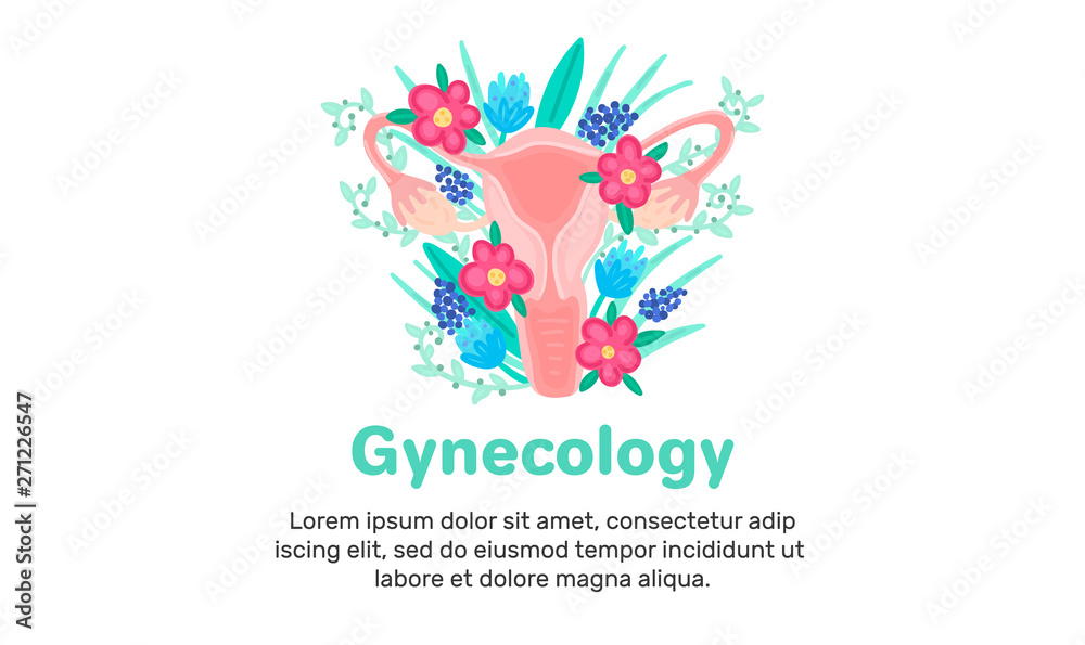 Web template with female reproductive system in flowers. Landing page. Woman health. Advertising for women's pads, lactobacillus, department of obstetrics and gynecology. Medical banner. Vector, eps10 Web template with female reproductive system in flowers. Landing page. Woman health. Advertising for women's pads, lactobacillus, department of obstetrics and gynecology. Medical banner. Vector, eps10