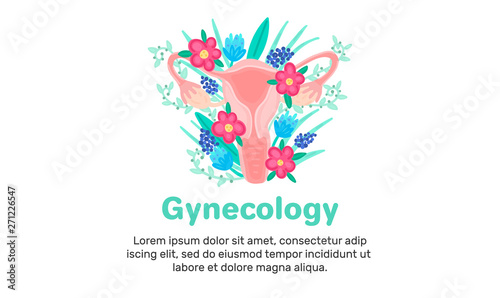 Web template with female reproductive system in flowers. Landing page. Woman health. Advertising for women's pads, lactobacillus, department of obstetrics and gynecology. Medical banner. Vector, eps10