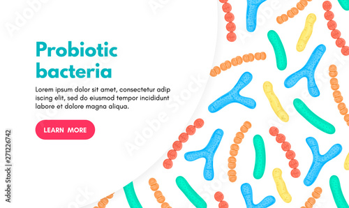 Vector background with probiotics. Bifidobacterium, lactobacillus, streptococcus thermophilus, lactococcus, propionibacterium. Landing page template, banner, mailing, advertising, label, presentation
