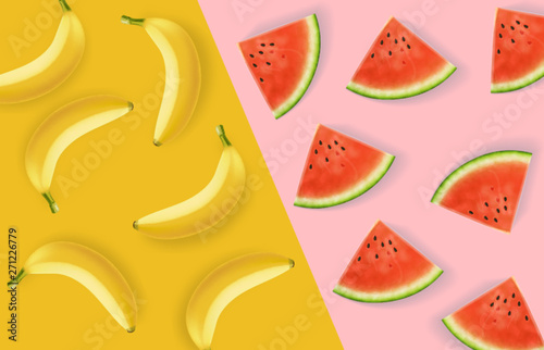 Banana and watermelon abstract pattern Vector realistic. Colorful poster background. 3d detailed juicy fruits slices