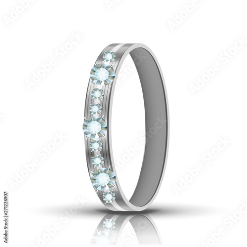 Encrusted Silver Ring With Diamonds Around Vector. Ring With Precious Stones Around For Betrothal And Affiance With Loving Woman Or Girl. Bride Luxury Accessory Realistic 3d Illustration