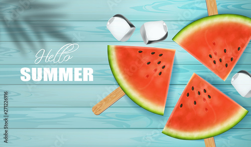 Watermelon slices Vector realistic. Summer tropic seaside view background. 3d...