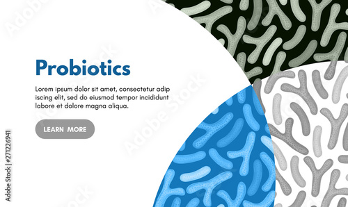 Vector background with probiotics. Bifidobacterium, lactobacillus. Lactic acid bacterium. Microbiome. Medicine or dietary supplement. Landing page, banner, mailing, advertising, label, presentation