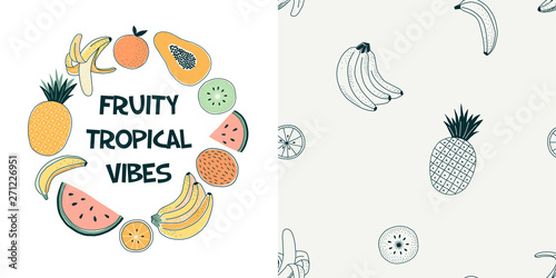 Exotic fruits seamless vector pattern. Fruity tropical vibes lettering banner. Pineapple, bananas, kiwi black outline textile, wallpaper. Fruits round border with typography. T shirt print design
