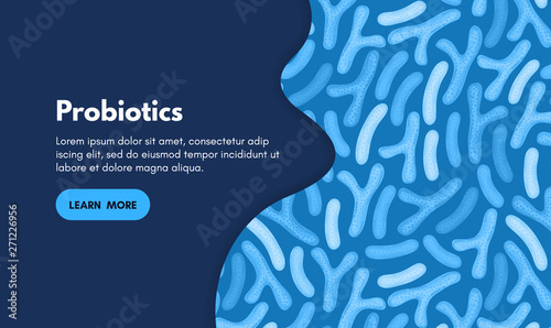 Vector background with probiotics. Bifidobacterium, lactobacillus. Lactic acid bacterium. Microbiome. Medicine or dietary supplement. Landing page, banner, mailing, advertising, label, presentation