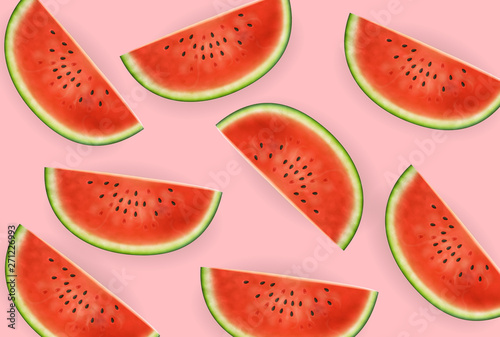 Watermelon slices Vector realistic. Summer tropic seaside view background. 3d...