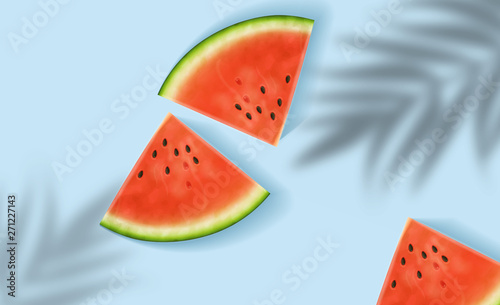 Watermelon slices Vector realistic. Summer tropic seaside view background. 3d...