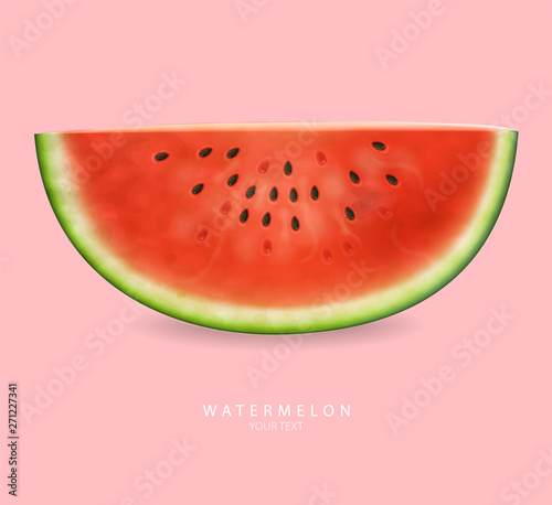 Watermelon slices Vector realistic. Summer tropic seaside view background. 3d...
